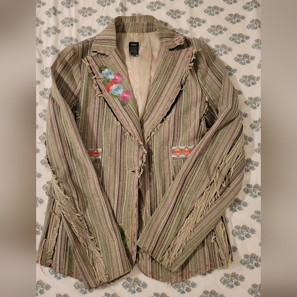 Aziz Olive Green Striped Embroidered Women's Jacket 100% Cotton